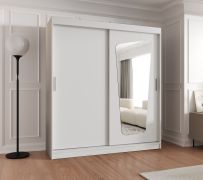 Kleiderschrank Aletschhorn 14, 1,8 Meter breit, Farbe: Weiß, eine Spiegeltür, Aluminiumschienen, 10 Fächer, Schiebetürenschrank, zwei Kleiderstangen