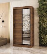 Kleiderschrank | Farbe: Walnuss Warmia | 5 Fächer | 2 Kleiderstangen | hochwertig Verarbeitet | schmal | 100 x 62 x 200 cm | Schiebetürenschrank | dekorative Spiegeltür