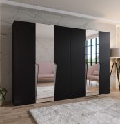 Kleiderschrank / Drehtürenschrank | Farbe: Schwarz | 2 Spiegeltüren | 4 Fächer | 4 Kleiderstangen | Soft-Close | Griffe: Kaschmir | Maße: 300 x 52 x 202 cm | ABS