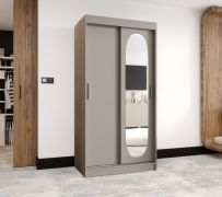 Kleiderschrank / Schiebetürenschrank Moldoveanu 04, Farbe: Kaschmir, Tür mit ovalen Spiegel, 1 Meter breit, fünf Fächer, zwei Kleiderstangen