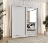Kleiderschrank mit 10 Fächer Bernina 14, Farbe: Weiß, Aluminiumschienen, 1,8 Meter breit, eine Tür mit Spiegel, zwei Kleiderstangen, Schiebetürenschrank