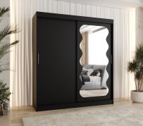 Schiebetürenschrank / Kleiderschrank Bernina 15, Farbe: Schwarz, 1,8 Meter breit, eine Tür mit Spiegel, 10 Fächer, zwei Kleiderstangen, Aluminiumschienen