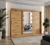 Schiebetürenschrank mit einen Spiegel Bernina 21, Farbe: Eiche Artisan, 2,5 Meter breit, 10 Fächer, zwei Kleiderstangen, Kleiderschrank, Aluminiumschienen