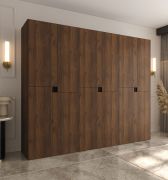 Drehtürenschrank / Kleiderschrank | Farbe: Walnuss Warmia | 12 Drehtüren | 9 Fächer | 3 Kleiderstangen | 240 x 52 x 203 cm | hochwertig Verarbeitet | grifflose Türen | Soft-Close Funktion