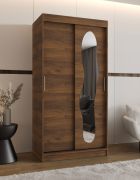 Schiebetürenschrank / Kleiderschrank | Farbe: Walnuss | 1 Meter breit | zwei Kleiderstangen | fünf Fächer | Aluminiumschienen | eine Spiegeltür