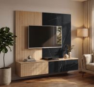 TV-Unterschrank inklusive Wandpaneel | Farbe: Eiche Cremona / Schwarzer Marmor | geriffelte Front | Push-to-open Funktion | 148 x 35 x 160 cm | für Wohnzimmer