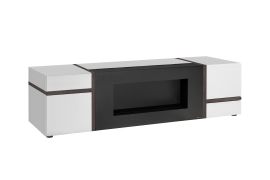 TV-Unterschrank | Push-to-open Funktion | Farbe: Weiß Hochglanz / Grau | Bio-Ethanol Kamin | Maße: 150 x 50 x 42 cm | 2 Fächer | für Wohnzimmer