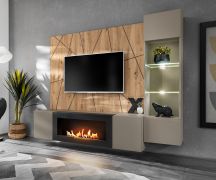 Wohnwand | inkl. LED-Beleuchtung | Farbe: Perla Grau / Eiche Artisan | Push-to-open Funktion | 200 x 40 x 158 cm | 1 TV-Unterschrank | 1 Vitrine