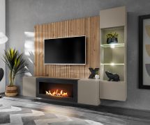 Wohnwand | Farbe: Clay Grau / Eiche Artisan | Push-to-open Funktion | Bio-Ethanol Kamin | 200 x 40 x 158 cm | inkl. LED-Beleuchtung | 1 Vitrine | 1 TV-Unterschrank