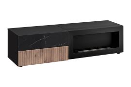 TV-Unterschrank | Bio-Ethanol Kamin | geriffelte Front | Farbe: Schwarz / Eiche Vicking / Schwarzer Marmor | Push-to-open Funktion | 160 x 45 x 42 cm | 2 Schubladen