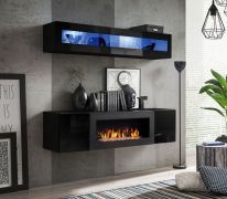 Außergewöhnliche Hängevitrine und Kommode mit Kamin Hompland 128, Farbe: Schwarz - Abmessungen: 150 x 160 x 40 cm (H x B x T), mit LED-Beleuchtung