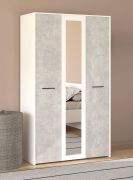 Kleiderschrank mit einer Spiegeltür Brus 10, Farbe: Weiß / Beton, Griffe: Schwarz, eine Kleiderstange, ABS-Kanten, sechs Fächer, Maße: 203,5 x 119 x 53 cm