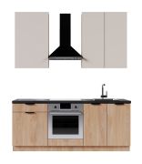 Küchenzeile / Küchenblock | Farbe: Eiche Puccini / Beige | 2 Meter breit | 5 Elemente | schwarze Griffe | inkl. Sockelblende | Soft-Close Funktion