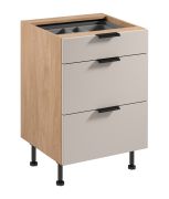 Küchenunterschrank | 3 Schubladen | Farbe: Eiche Puccini / Beige | inkl. Besteckeinsatz | Soft-Close Funktion | 60 x 52 x 87 cm | Metallgriffe | verstellbare Beine
