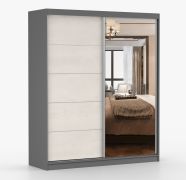 Schiebetürenschrank 1,8 Meter breit / Kleiderschrank | Cuillin 07 | Seide / Grau | mit Spiegel | 6 Fächer | 2 Türen | 218 x 183 x 61 cm | viel Platz