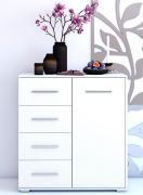 Kommode | Weiß | Comarca 02 | 96 x 90 x 45 cm | 1 Türe | 4 Schubladen | 3 Fächer | Einfarbig | lange Griffe silberfarben | schlichtes Design