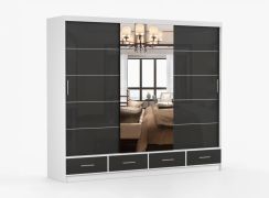 2,5 Meter breiter Schiebetürenschrank / Kleiderschrank mit Spiegel Schwarz / Weiß | Lusatian 29 | 218 x 250 x 61 cm | 4 Schubladen | 7 Fächer
