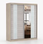1,8 Meter breiter Schiebetürenschrank / Kleiderschrank mit Spiegel Seide / Eiche | Gorski 09 | 218 x 183 x 61 cm | 2 Türen | 6 Fächer | eckig