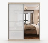 2 Meter breiter Schiebetürenschrank / Kleiderschrank mit Spiegel | Weiß / Eiche | Gorski 30 | 218 x 203 x 61 cm | 2 Türen | 6 Fächer | Zweifarbig
