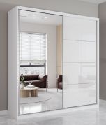 Kleiderschrank / Schiebetürenschrank | Weiß | Sredna 01 | mit Spiegel | 2 Türen | 218 x 203 x 61 cm | 3 Fächer | 3 Schubladen | schlichter Stil