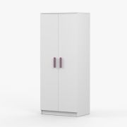 Kleiderschrank / Drehtürenschrank | Weiß | Smolikas 70 | 2 Türen | violette Holzgriffe | 192 x 80 x 50 cm | 5 Fächer | 1 Kleiderstange | eckig