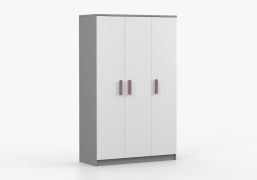 Kleiderschrank / Drehtürenschrank 1,2 Meter breit | Smolikas 113 | 192 x 120 x 50 cm | Holzgriffe | Weiß / Grau | 3 Türen | 9 Fächer | Kleiderstange