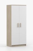 Kleiderschrank / Drehtürenschrank | Weiß / Sonoma Eiche | Smolikas 55 | 2 Türen | braune Holzgriffe | 5 Fächer | Kleiderstange | 192 x 80 x 50 cm