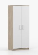 Drehtürenschrank / Kleiderschrank Weiß / Sonoma Eiche | Smolikas 57 | 192 x 80 x 50 cm | 2 Türen | 5 Fächer | Kleiderstange | runde weiße Holzgriffe