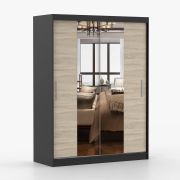 1,5 Meter breiter Kleiderschrank / Schiebetürenschrank | Sonoma Eiche / Schwarz | Bucegi 08 | mit Spiegel | 2 Türen | Griffe: Aluminium | 6 Fächer
