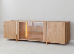 TV-Unterschrank | Farbe: Eiche gebleicht | Massivholz | Eichenholz geölt | Travertin Stein | 180 x 46 x 56 cm | Rückwand: HDF | inkl. LED-Beleuchtung