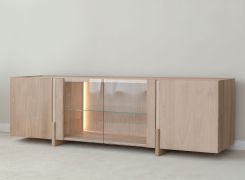 TV-Unterschrank | Farbe: Eiche Natur | Massivholz | Eichenholz geölt | Travertin Stein | 180 x 46 x 56 cm | Rückwand: HDF | inkl. LED-Beleuchtung