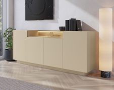 Kommode | Farbe: Kakao / Eiche Cremona | 4 Drehtüren | inkl. LED-Beleuchtung | 9 Fächer | 203 x 40 x 83 cm | Push-to-open Funktion | Sideboard | ABS-Kanten