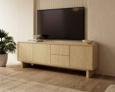 TV-Unterschrank | Farbe: Eiche geölt | Push-to-open Funktion | 3 Drehtüren | 2 Schubladen | 6 Fächer | 183 x 38 x 62 cm | ABS-Kanten | TV-Board