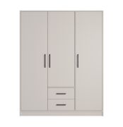 Kleiderschrank im schlichten Design Hannut 07, Farbe: Kaschmir, drei Türen, zwei Schubladen, vier Holzeinlegeböden, Maße: 190 x 150 x 56 cm
