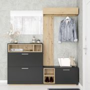 Garderobe Komplett - Set Zonza | Farbe: Eiche Artisan/Anthrazit | 2 Kippschuhfächer | 6 Fächer | 2 Kleiderstangen | 177 x 32 x 195 | große Ablagen