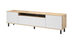 TV-Schrank mit Push-to-open Funktion Cienequillas 05, Farbe: Eiche Artisan / Weiß, ein Kabelloch, Beine: Schwarz, Maße: 54 x 200 x 40 cm, vier Fächer