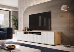 TV-Unterschrank mit geriffelter Front Cienequillas 06, Farbe: Eiche Artisan / Weiß, Push-to-open Funktion, Maße: 42 x 200 x 40 cm, ein Kabelloch, vier Fächer