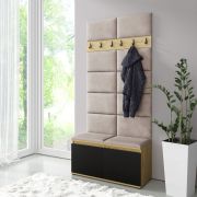 Kleine Garderobe 01 mit gepolsterter Sitzbank| Artisan/Schwarz/Beige Light | 215 x 100 x 40 cm | für 8 Paar Schuhe | 6 Kleiderhaken | 4 Fächer