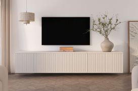 Hängender TV-Unterschrank | Kaschmir | 6 Drehtüren | 6 Fächer | 210 x 40 x 40 cm | Push-to-open Funktion | TV-Möbel | für Wohnzimmer | Lamellen Design