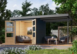 Anbaudach-Gartenhaus aus nordischer Fichte in anthrazit/graualuminium, Trapezblechdach, metallverstärkte-Ecken, Doppelflügeltür, 2,09 × 2,13 m