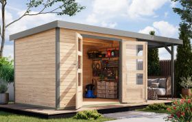 Holz Gartenhaus Anbaudach 2,35 m, Fichte naturbelassen/graualuminium, Trapezblechdach metallverstärkte-Ecken, 2,98 × 2,13 m, Zylinderschloss