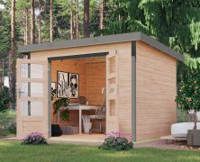 Holz Gartenhaus, nordische Fichte naturbelassen/graualuminium, Trapezblechdach wetterfest Pultdach, stabile Ecken, Zylinderschloss, 2,70 × 2,70 m