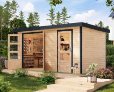 Gartenhaus aus Holz, nordische Fichte naturbelassen / anthrazit, Trapezblech-Pultdach, robuste metallverstärkte-Ecken, Zylinderschloss, 4,00 × 2,13 m