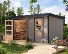Holz Gartenhaus, nordische Fichte wassergrau/anthrazit, Trapezblech-Pultdach, robuste Stahlecken, Doppelflügeltür Zylinderschloss, 4,00 × 2,13 m