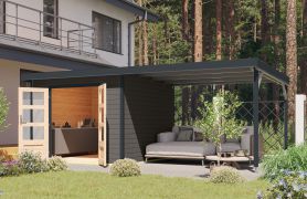 Gartenhaus mit Anbaudach, nordische Fichte terragrau/anthrazit, Trapezblech-Pultdach wetterfest, Doppelflügeltür, Zylinderschloss, 2,70 × 2,70 m