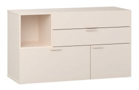Kommode mit 3 Schubladen | ein offenes Fach | Soft-Close-Funktion | Farbe: Beige | zwei Fächer | Griffe: Beige | Maße: 120 x 42 x 70 cm | 1 Tür
