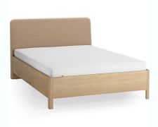 Doppelbett | Farbe: Eiche / Taupe | Eiche massiv | 140 x 200 cm | dezent abgerundete Form | Gästebett | inkl. Lattenrost | weich gepolsterte Kopfstütze
