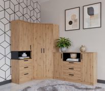 Schlafzimmer - Set | Eckkleiderschrank - Set N Fafe | 3-teilig | Farbe: Eiche Artisan / Schwarz | Soft-Close-System | Kommode | Schrank