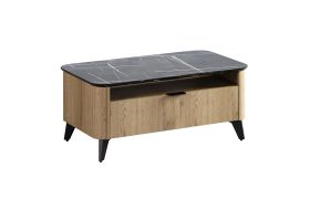 Couchtisch | 1 Schublade | 90 x 50 x 38 cm | Eiche Cremona / Schwarzer Marmor | ABS-Kantenschutzschutz | Griffe aus Metall | ABS-Kantenschutz | 1 Fach