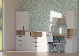 Jugendmöbel - Set L Fafe | 3-teilig | Farbe: Kaschmir / Eiche Cremona | schmaler Schrank | Schreibtisch mit Aufsatz | Kommode | dunkle Griffe | Soft-Close-Funktion